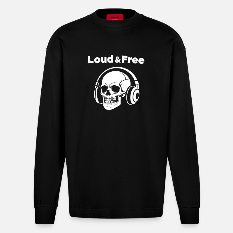 Skull mit Kopfhörer – Laut Frei - Heavyweight Oversized Organic Langarmshirt Made in EU - SOLID BLACK