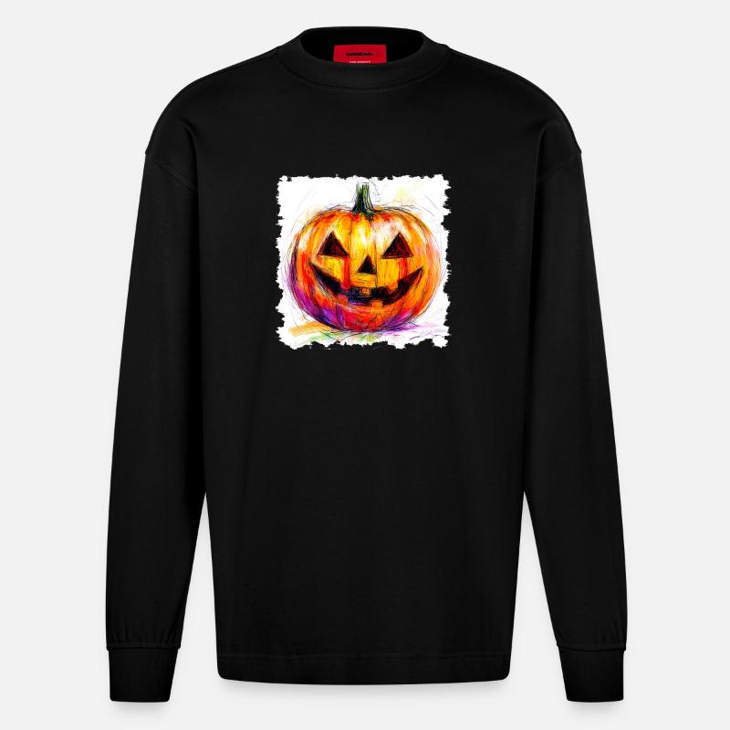 Bunter Kürbis Jack-O-Lantern - Heavyweight Oversized Organic Langarmshirt Made in EU - SOLID BLACK