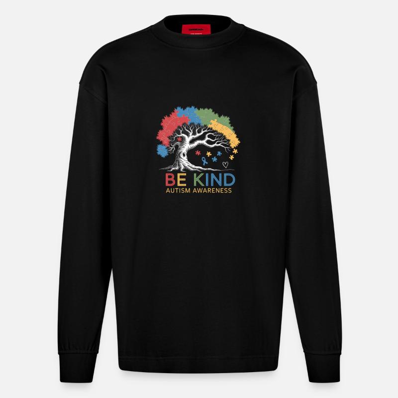 Be Kind Autism Bewusstsein Baum Puzzle - Heavyweight Oversized Organic Langarmshirt Made in EU - SOLID BLACK