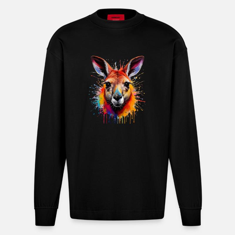 Känguru Farbexplosion Portrait - Heavyweight Oversized Organic Langarmshirt Made in EU - SOLID BLACK