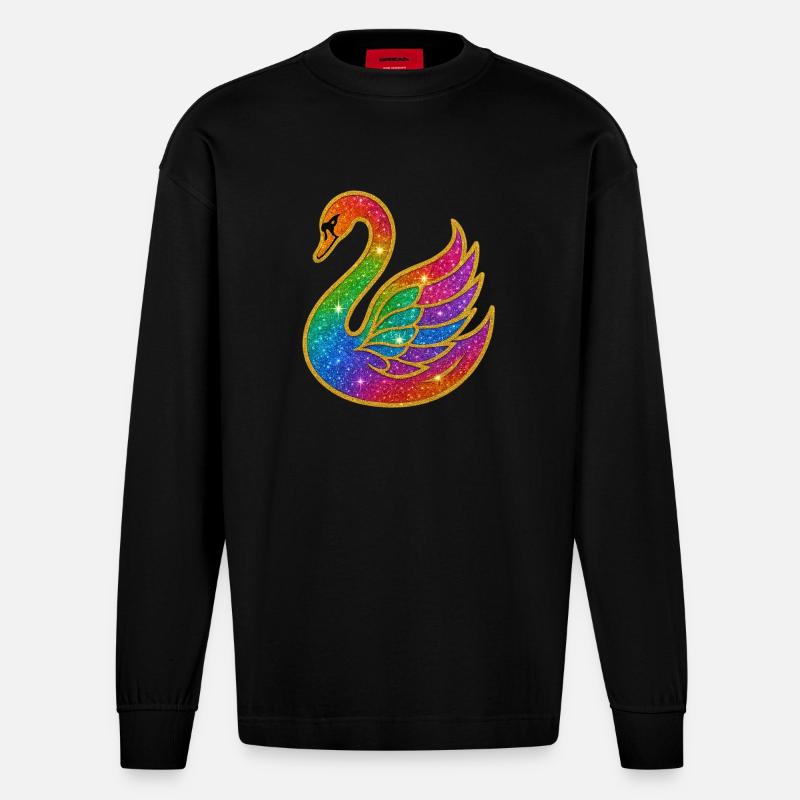 Regenbogen Glitzer Schwan Mutter - Heavyweight Oversized Organic Langarmshirt Made in EU - SOLID BLACK