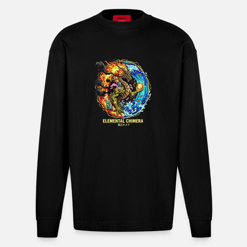 Elemental Chimera | Drache der 3 Elemente - Heavyweight Oversized Organic Langarmshirt Made in EU - SOLID BLACK