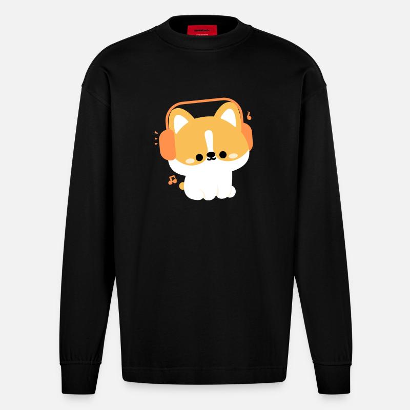 Kopfhörer Corgi - Heavyweight Oversized Organic Langarmshirt Made in EU - SOLID BLACK