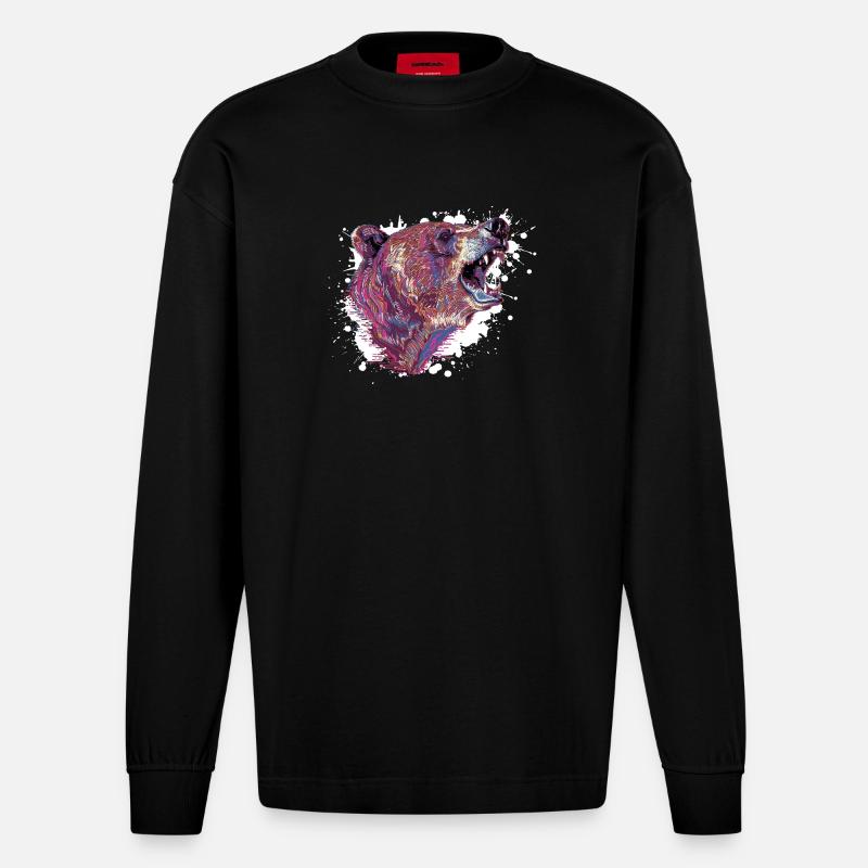 Neon Splash Bear Head - Heavyweight Oversized Organic Longsleeve Shirt Made in EU - SOLID BLACK