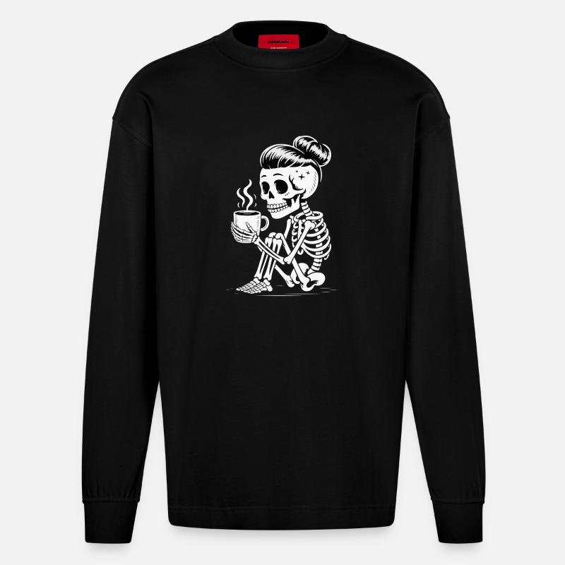 Skelett Sipper Kaffee - Heavyweight Oversized Organic Langarmshirt Made in EU - SOLID BLACK