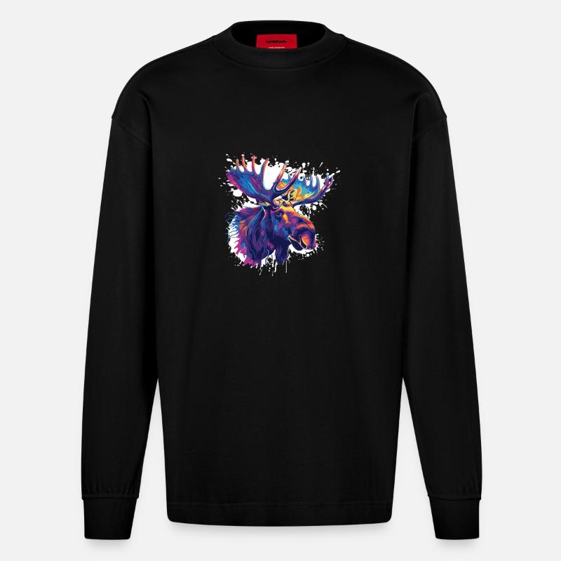 Bunter Elch Kopf Farbexplosion - Heavyweight Oversized Organic Langarmshirt Made in EU - SOLID BLACK