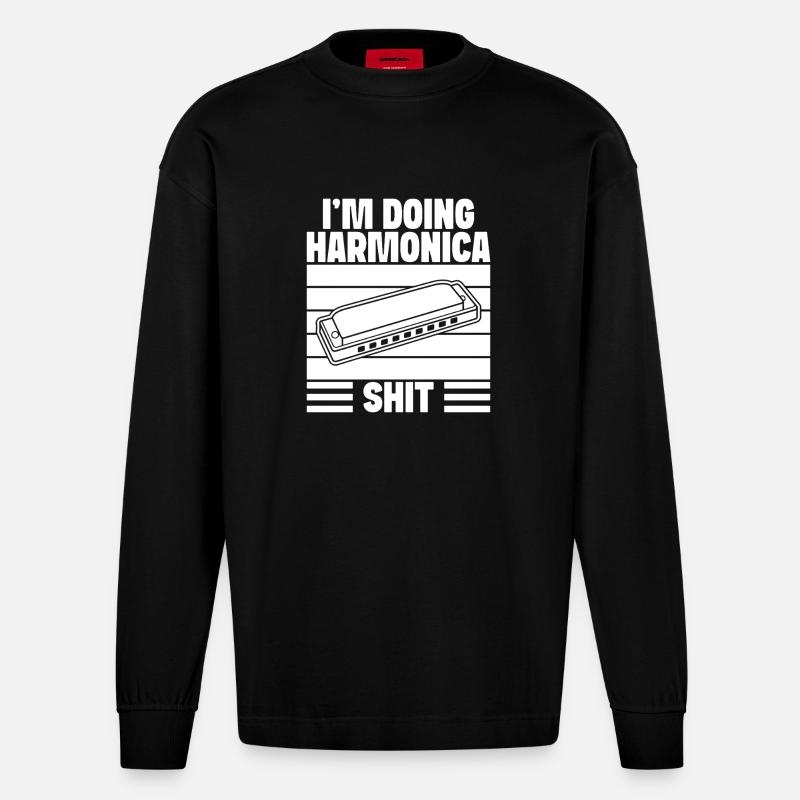 Harmonica Musican Doing Shit Harmonica - Heavyweight Oversized Organic Longsleeve Shirt Made in EU - SOLID BLACK