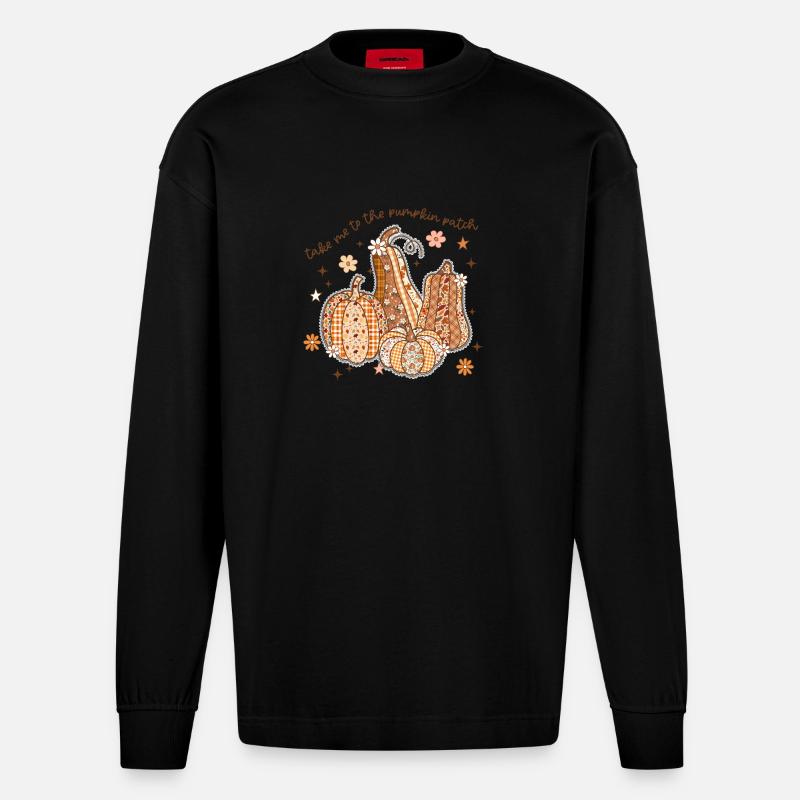 Patchwork Kürbis Patch - Heavyweight Oversized Organic Langarmshirt Made in EU - SOLID BLACK