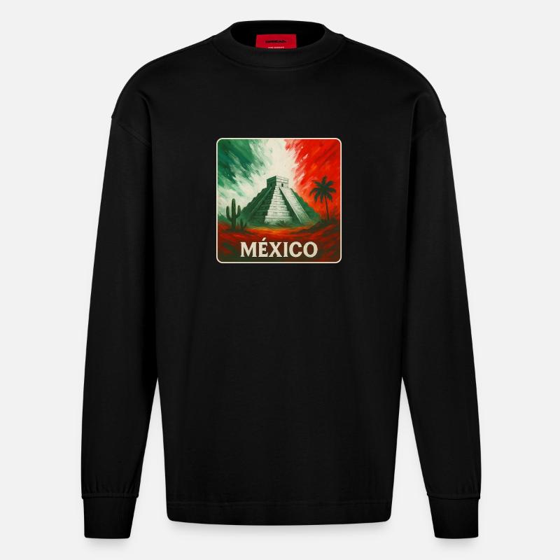 Conception des pyramides du Mexique - Manches longues bio épais oversize fabriqué en UE - SOLID BLACK