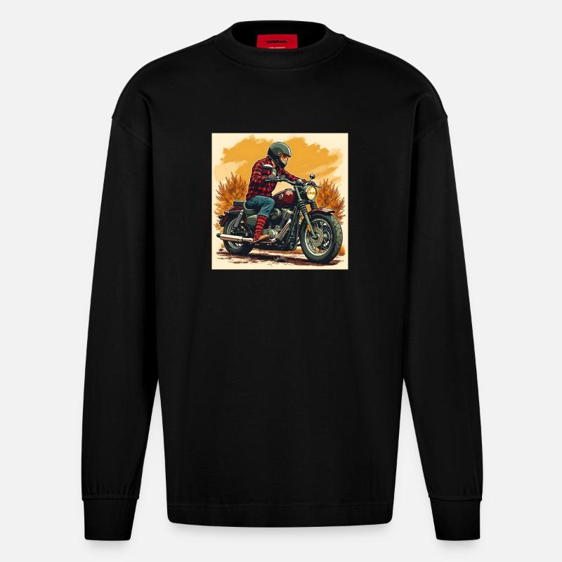 Plaid Socks + Biker Illustration - Heavyweight Oversized Organic Langarmshirt Made in EU - SOLID BLACK