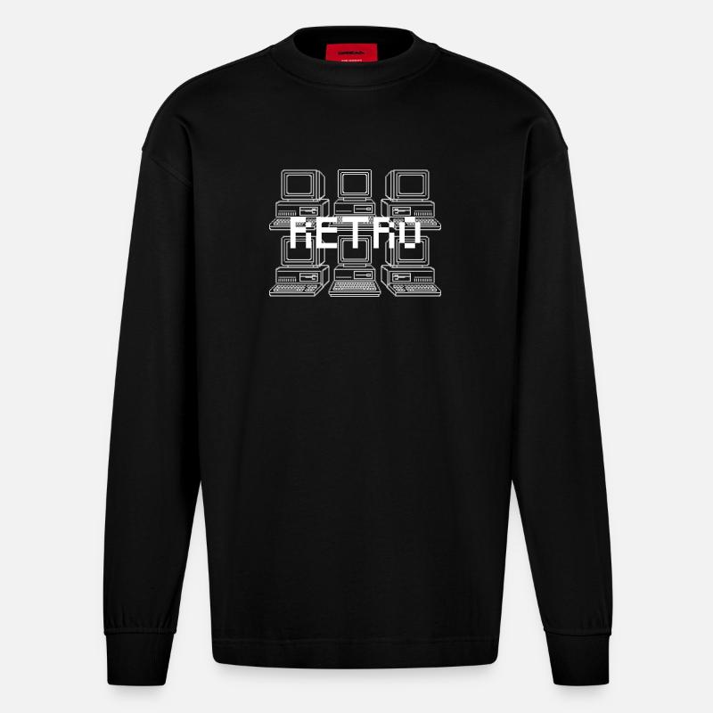 Retro Computer Grid Techno - Heavyweight Oversized Organic Longsleeve Shirt Made in EU - SOLID BLACK