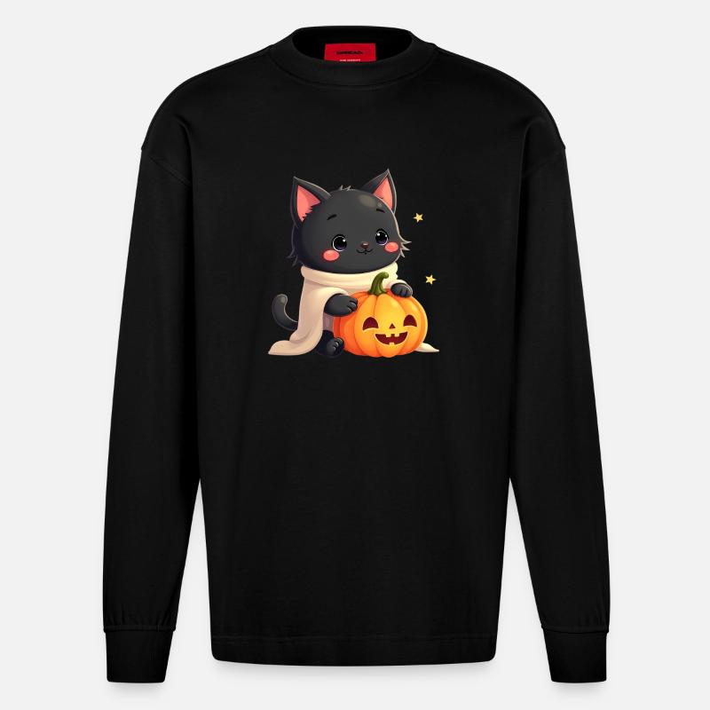 Chat d’Halloween avec citrouille d’Halloween - Manches longues bio épais oversize fabriqué en UE - SOLID BLACK