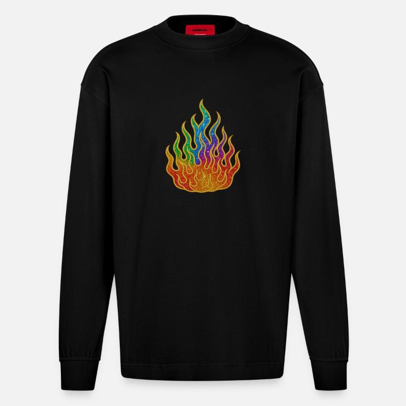 Regenbogenfeuer Glitzerflamme - Heavyweight Oversized Organic Langarmshirt Made in EU - SOLID BLACK