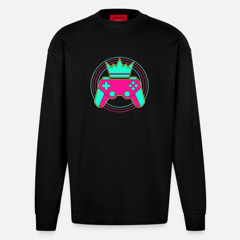 Controller Krone Neon Minimal Zocker Art - Heavyweight Oversized Organic Longsleeve Shirt Made in EU - SOLID BLACK