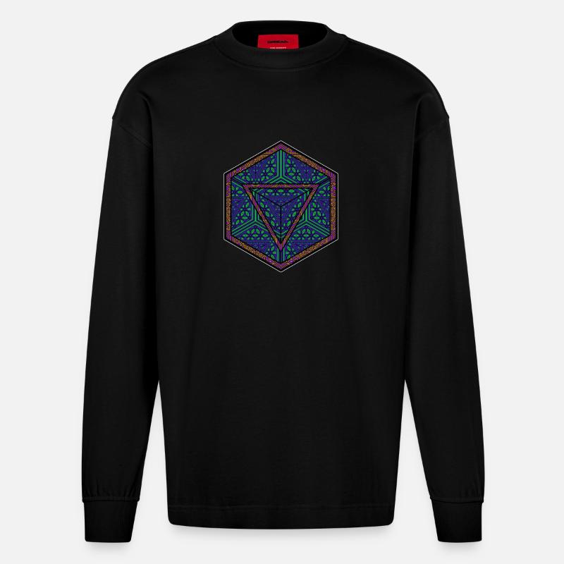 Mandala Kaleidoscope Triangle Pattern Psychedelic - Heavyweight Oversized Organic Longsleeve Shirt Made in EU - SOLID BLACK