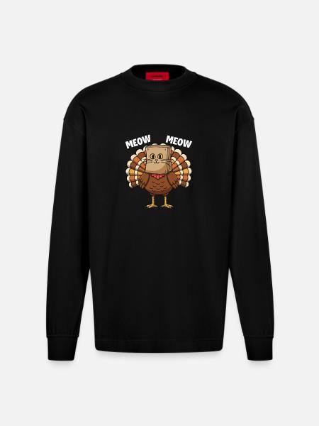 Turkey Cat Thanksgiving Fall Harvest - Heavyweight Oversized Organic Longsleeve Shirt Made in EU - SOLID BLACK