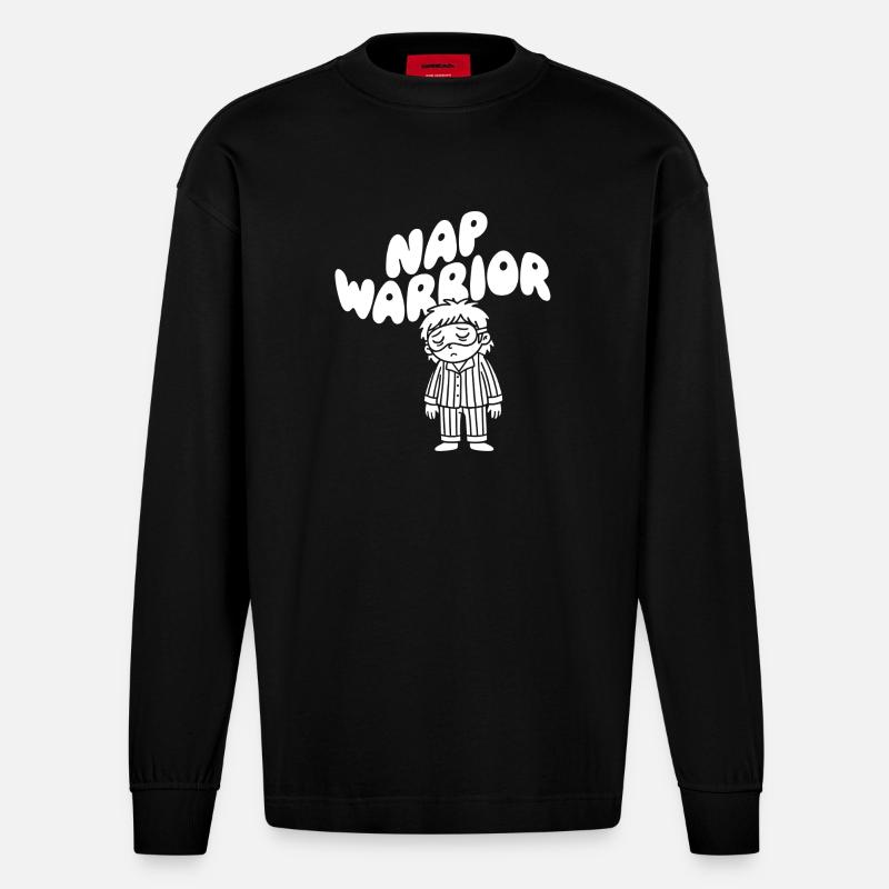 Nap Warrior Schlafheld Illustration - Heavyweight Oversized Organic Langarmshirt Made in EU - SOLID BLACK