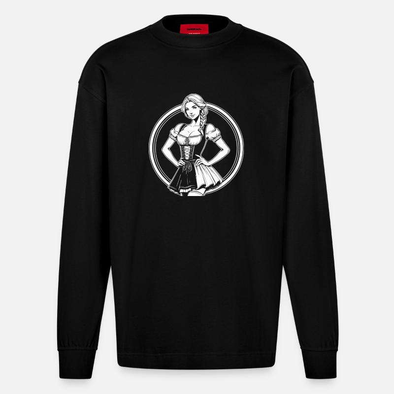 Cooles Dirndl Comic Design - Heavyweight Oversized Organic Langarmshirt Made in EU - SOLID BLACK