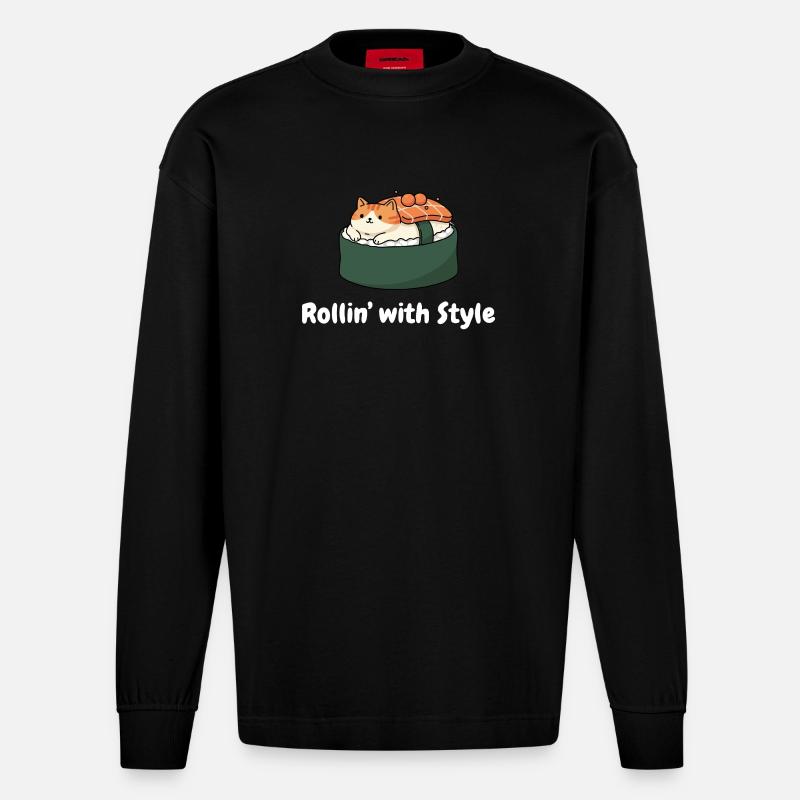 Sushi Katze Roll Stil - Heavyweight Oversized Organic Langarmshirt Made in EU - SOLID BLACK