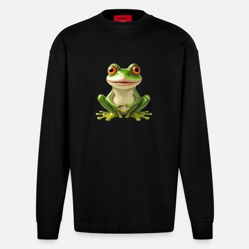 Grenouille joyeuse avec de grands yeux - - Manches longues bio épais oversize fabriqué en UE - SOLID BLACK