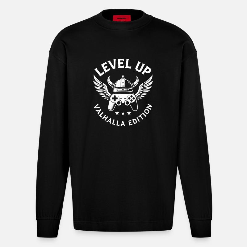 Level Up – Valhalla Edition - Heavyweight Oversized Organic Langarmshirt Made in EU - SOLID BLACK