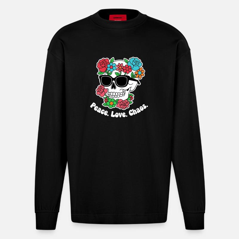 Blumen-Skull mit Sonnenbrille - Heavyweight Oversized Organic Langarmshirt Made in EU - SOLID BLACK