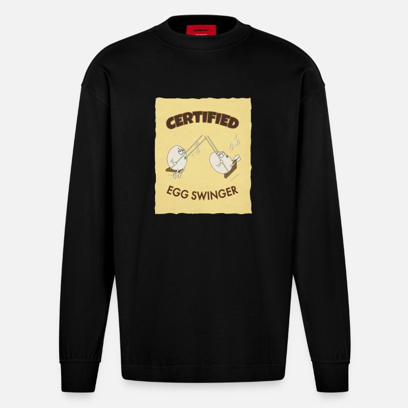 Certified Egg Swinger – Funny Egg Design - Heavyweight Oversized Organic Langarmshirt Made in EU - SOLID BLACK