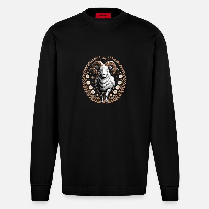Widder Sternzeichen Mit Blüten Und Sternen - Heavyweight Oversized Organic Langarmshirt Made in EU - SOLID BLACK