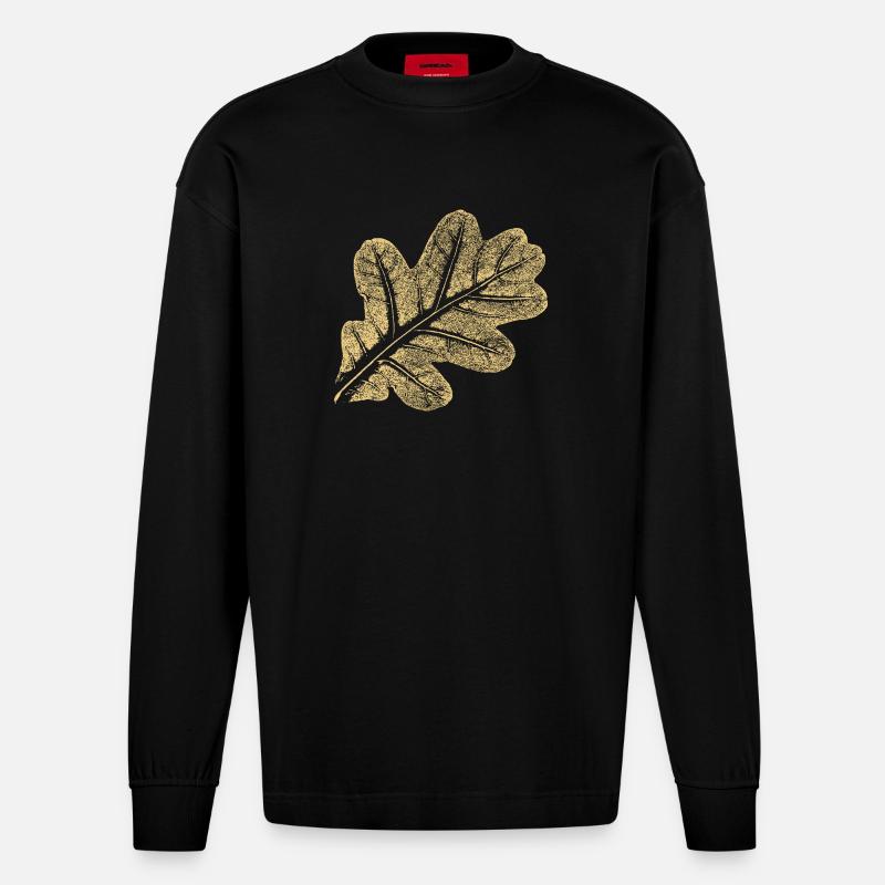Blatt Eiche / Eichenblatt - Natur Design - Heavyweight Oversized Organic Langarmshirt Made in EU - SOLID BLACK