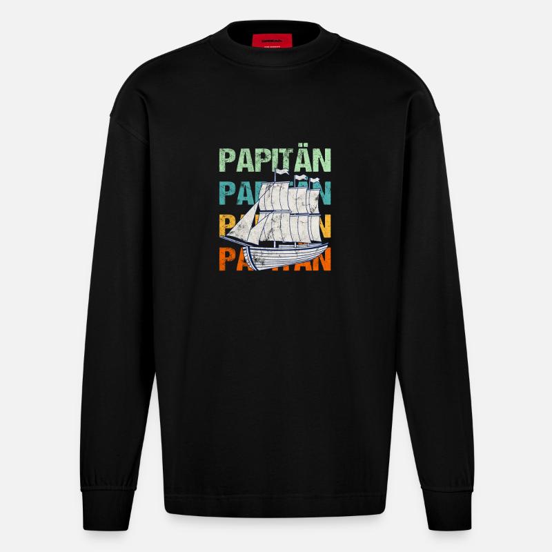 PAPITÄN Segelschiff  / Vater, Papi - Heavyweight Oversized Organic Langarmshirt Made in EU - SOLID BLACK