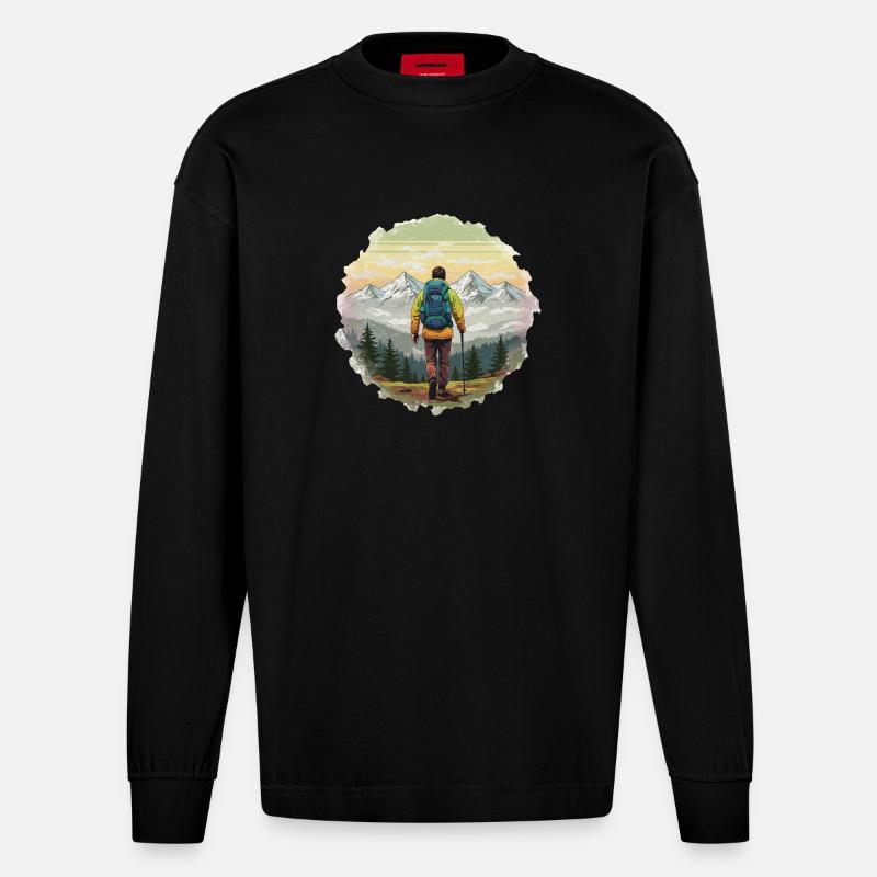 Wanderer am Sunset Mountain Ridge - Heavyweight Oversized Organic Langarmshirt Made in EU - SOLID BLACK