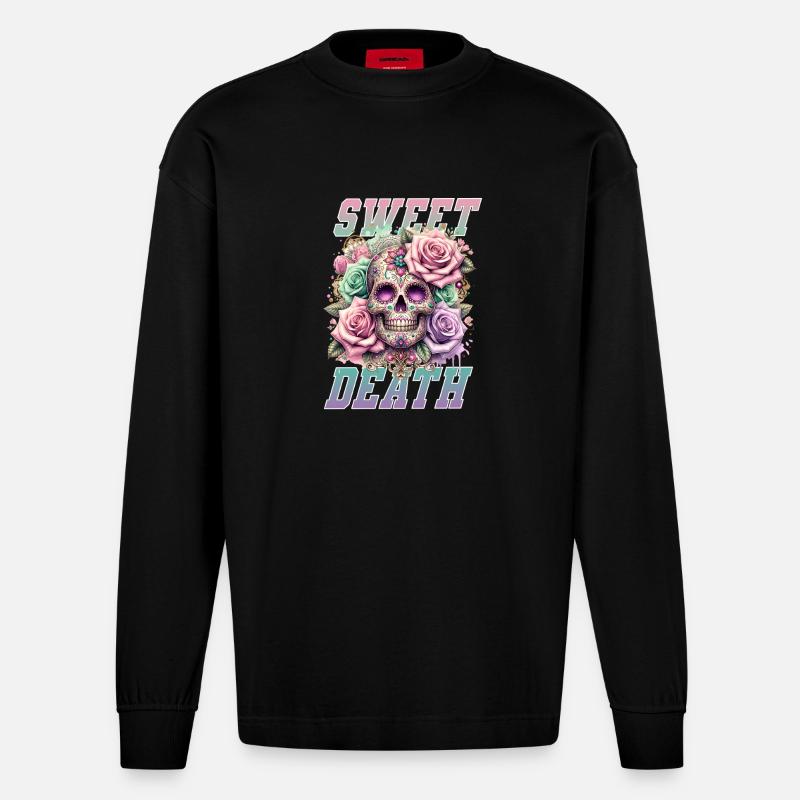 Fleurs Crâne Beauté Floraison - Manches longues bio épais oversize fabriqué en UE - SOLID BLACK