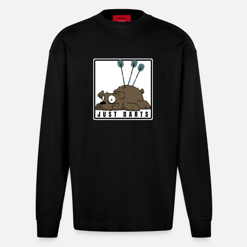Lustiges Darts Comic Motiv. JUST DARTS - Heavyweight Oversized Organic Langarmshirt Made in EU - SOLID BLACK