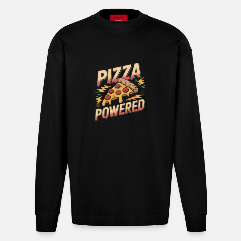 Pizza Powered - Pizza Rétro - Manches longues bio épais oversize fabriqué en UE - SOLID BLACK