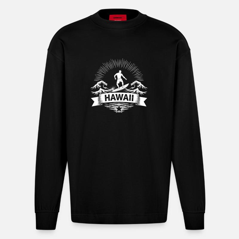 Hawaii Surfer Surfer on Pacific Wave - Heavyweight Oversized Organic Longsleeve Shirt Made in EU - SOLID BLACK