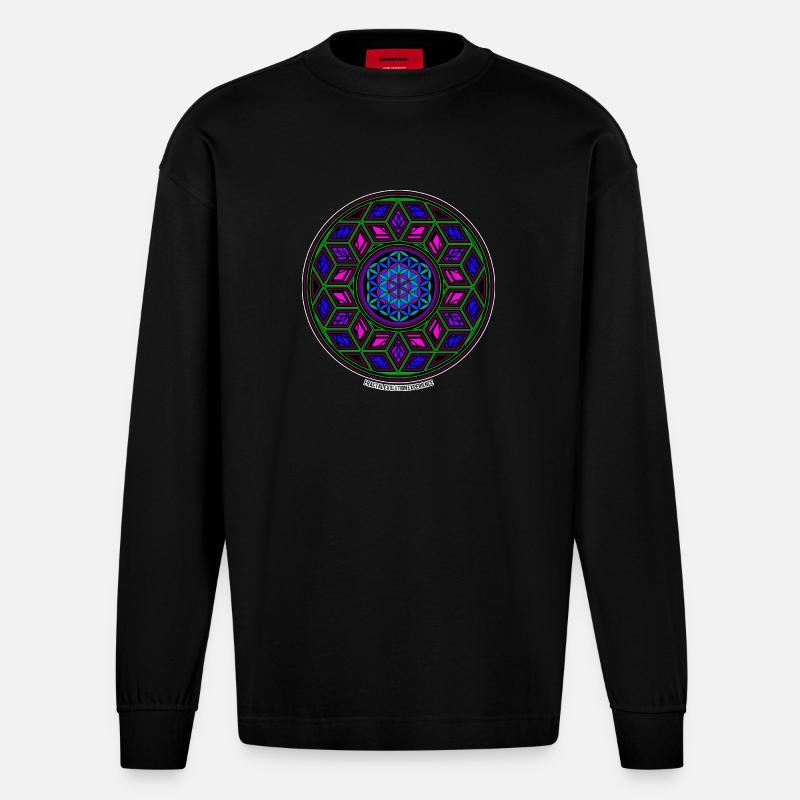 Fractal Evolution Experience Kaleidoscope Mandala - Heavyweight Oversized Organic Longsleeve Shirt Made in EU - SOLID BLACK