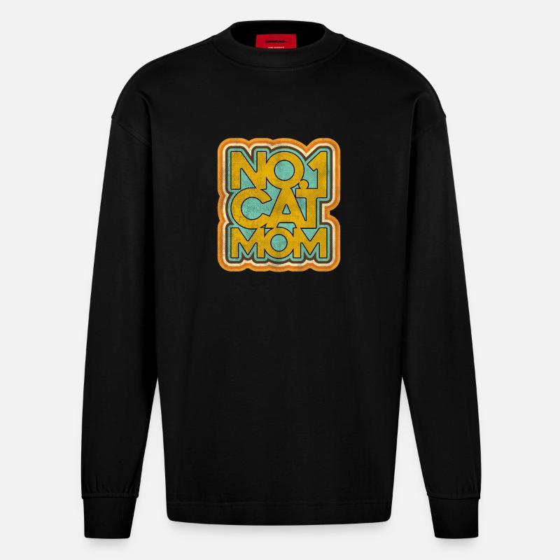 Katze Mama Nummer Eins Retro Abzeichen - Heavyweight Oversized Organic Langarmshirt Made in EU - SOLID BLACK