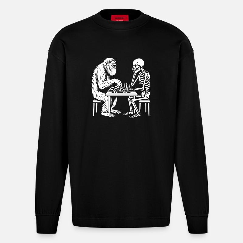 Duel d’échecs Primate contre Squelette - Manches longues bio épais oversize fabriqué en UE - SOLID BLACK