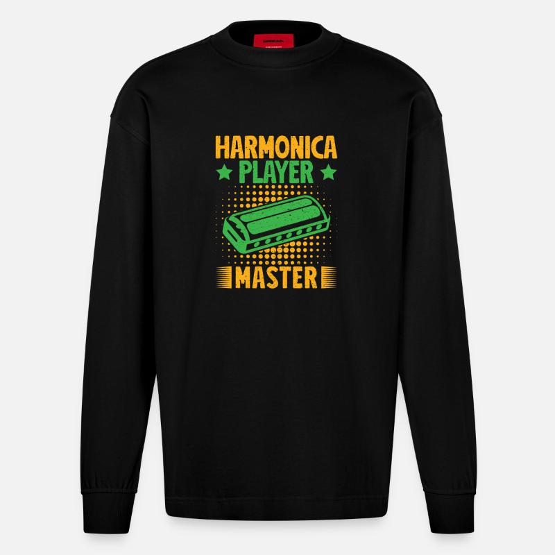 Funny Harmonica Player Master Harmonica - Heavyweight Oversized Organic Longsleeve Shirt Made in EU - SOLID BLACK