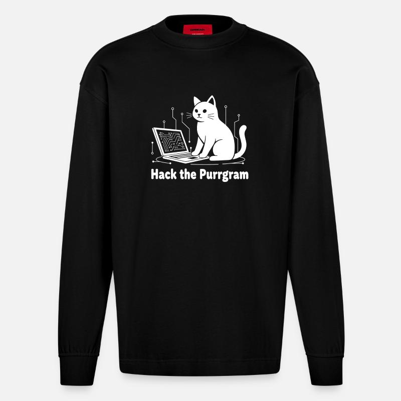 Purrrgram Hack: Katzentech Humor - Heavyweight Oversized Organic Langarmshirt Made in EU - SOLID BLACK
