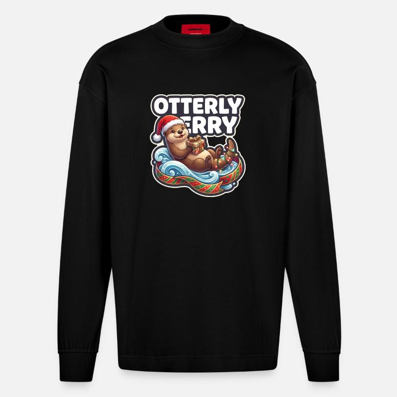 Otterly Merry Weihnachtsotter - Heavyweight Oversized Organic Langarmshirt Made in EU - SOLID BLACK