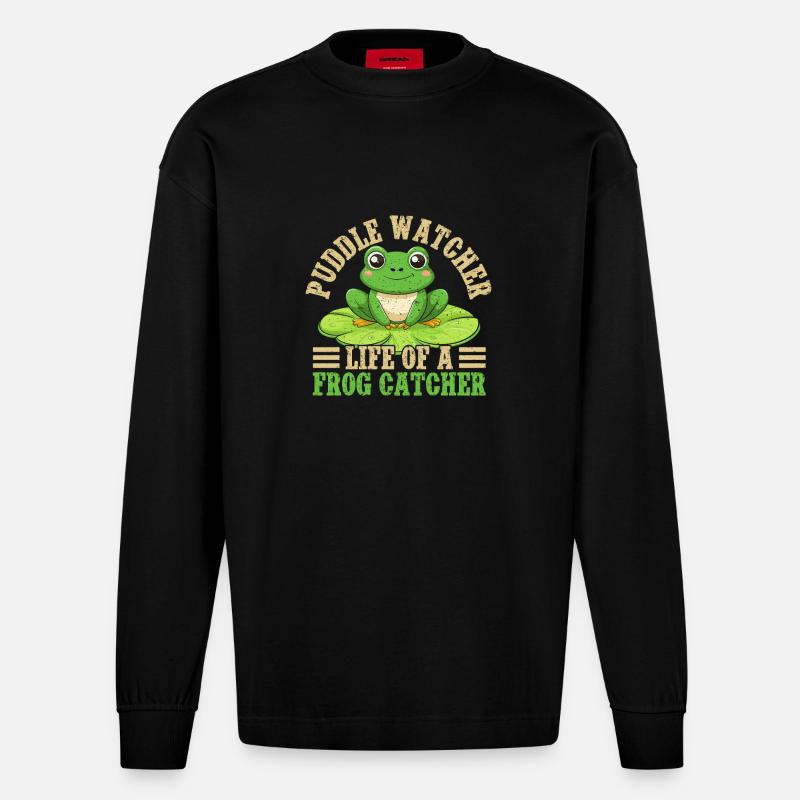 Frog Catcher Puddle Watcher Frog - Heavyweight Oversized Organic Langarmshirt Made in EU - SOLID BLACK