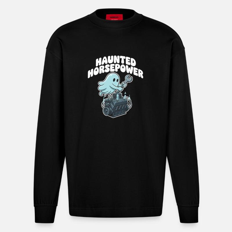 Dessin animé Ghost Engine Hanting Engine - Manches longues bio épais oversize fabriqué en UE - SOLID BLACK