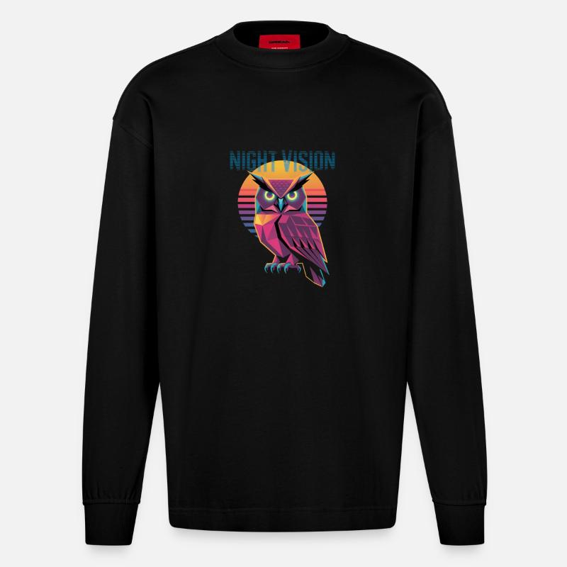 Night Vision Eule Retro Synthwave Sunset - Heavyweight Oversized Organic Langarmshirt Made in EU - SOLID BLACK