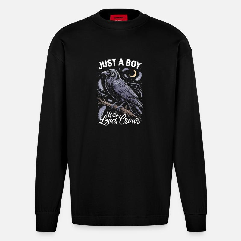 Just a boy who loves crows - Heavyweight Oversized Organic Langarmshirt Made in EU - SOLID BLACK