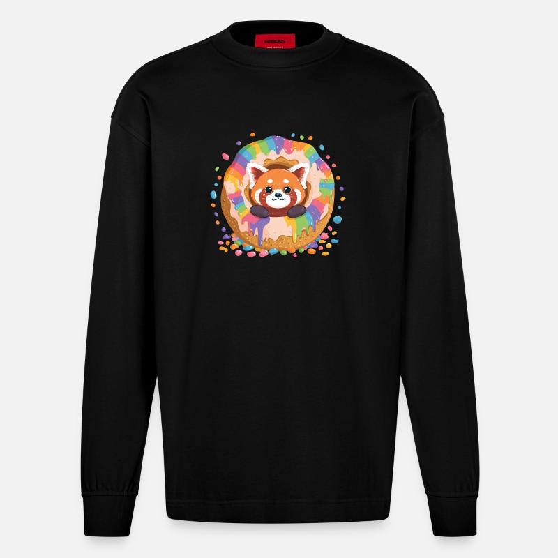 Donut Panda Regenbogen - Heavyweight Oversized Organic Langarmshirt Made in EU - SOLID BLACK