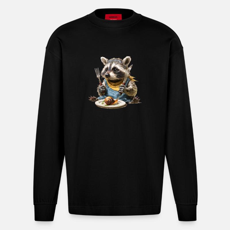 Waschbär-Küchenchef mit Gabel und Messer - Heavyweight Oversized Organic Langarmshirt Made in EU - SOLID BLACK