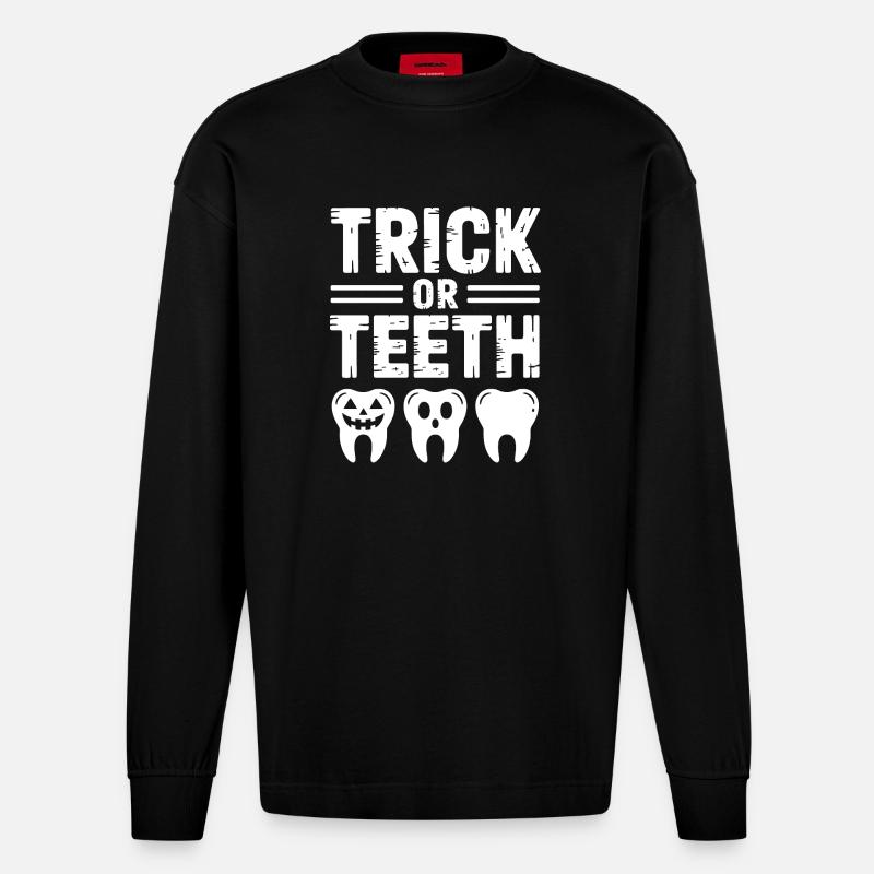 Trick oder Teeth Halloween-T-Shirt - Heavyweight Oversized Organic Langarmshirt Made in EU - SOLID BLACK