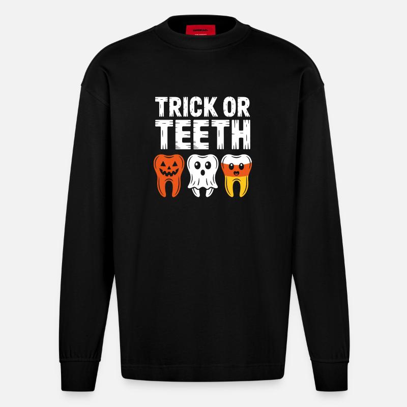 Trick oder Teeth Halloween-Trio - Heavyweight Oversized Organic Langarmshirt Made in EU - SOLID BLACK