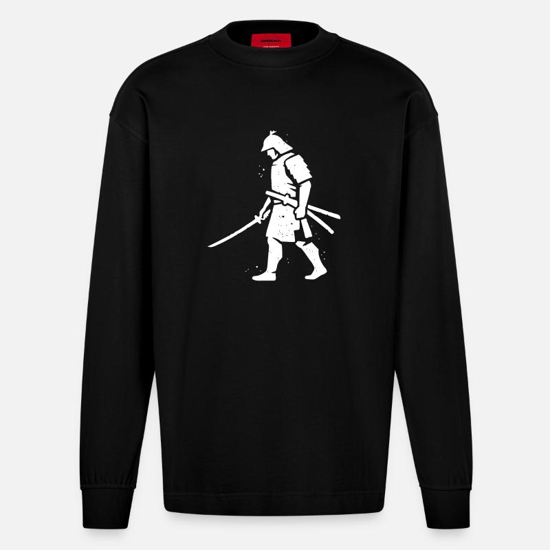 Wandernder Ronin Samurai Hut Vektor - Heavyweight Oversized Organic Langarmshirt Made in EU - SOLID BLACK